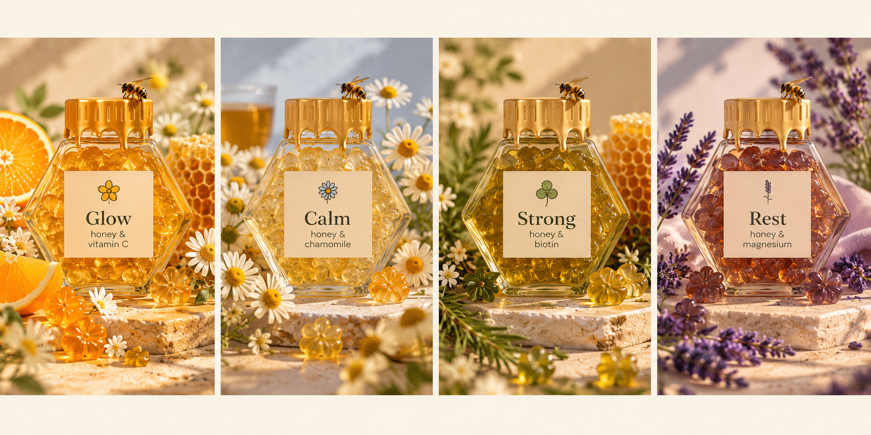 Mockup: the Glow jar, honey and vitamin C.