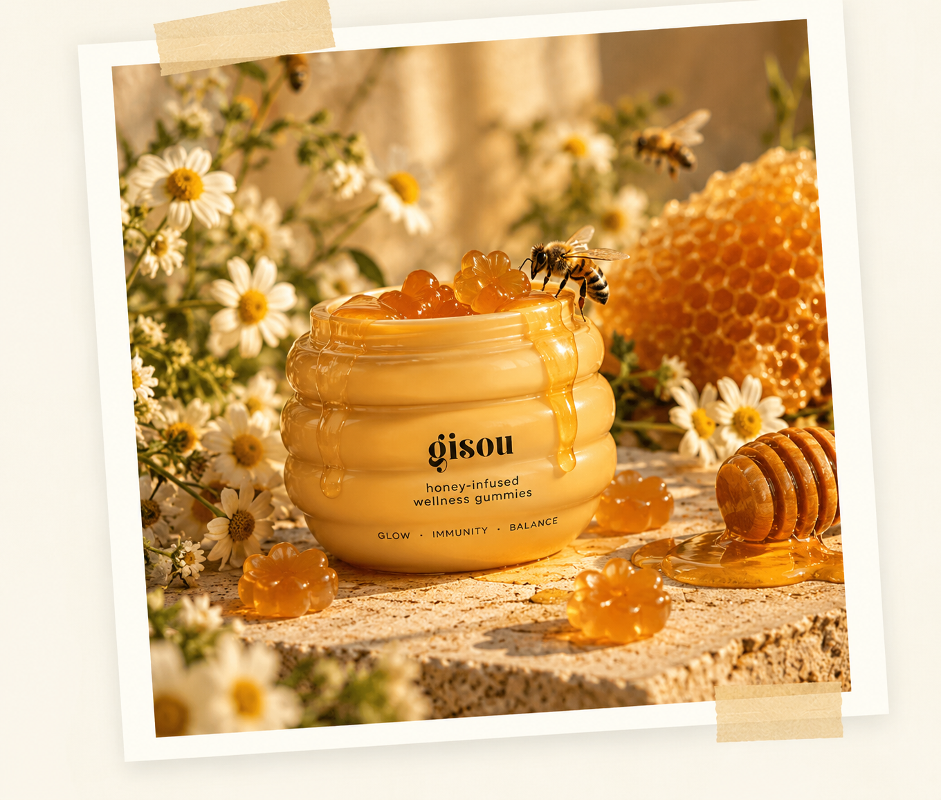 Mockup: a Bee Well honeycomb jar among daisies, honeycomb and a honey dipper.