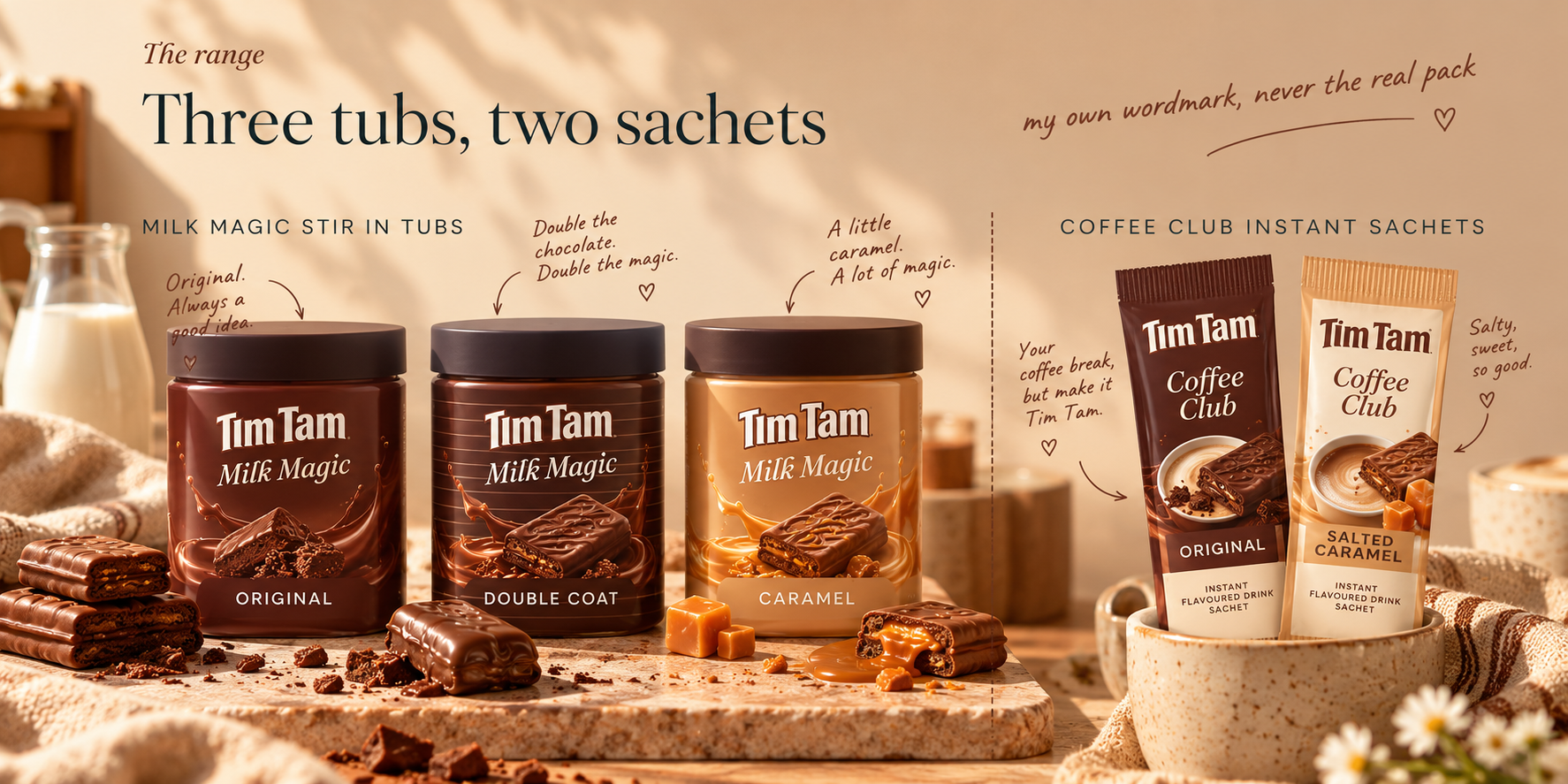 Three Milk Magic stir in tubs, Original, Double Coat and Caramel, and two Coffee Club instant sachets, Original and Salted Caramel. The wordmark is my own, never the real pack.