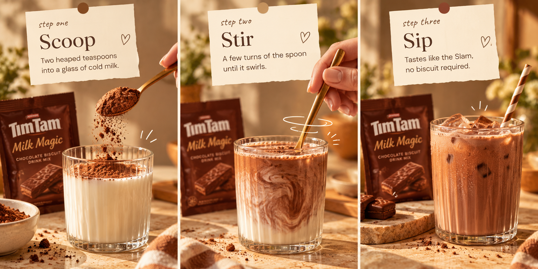 Three steps. Scoop two heaped teaspoons into a glass of cold milk. Stir a few turns of the spoon until it swirls. Sip, it tastes like the Slam, no biscuit required.